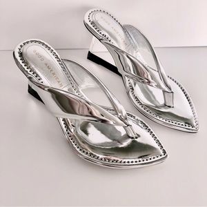 Good American Silver Patent Leather Wedge Sandals, 8